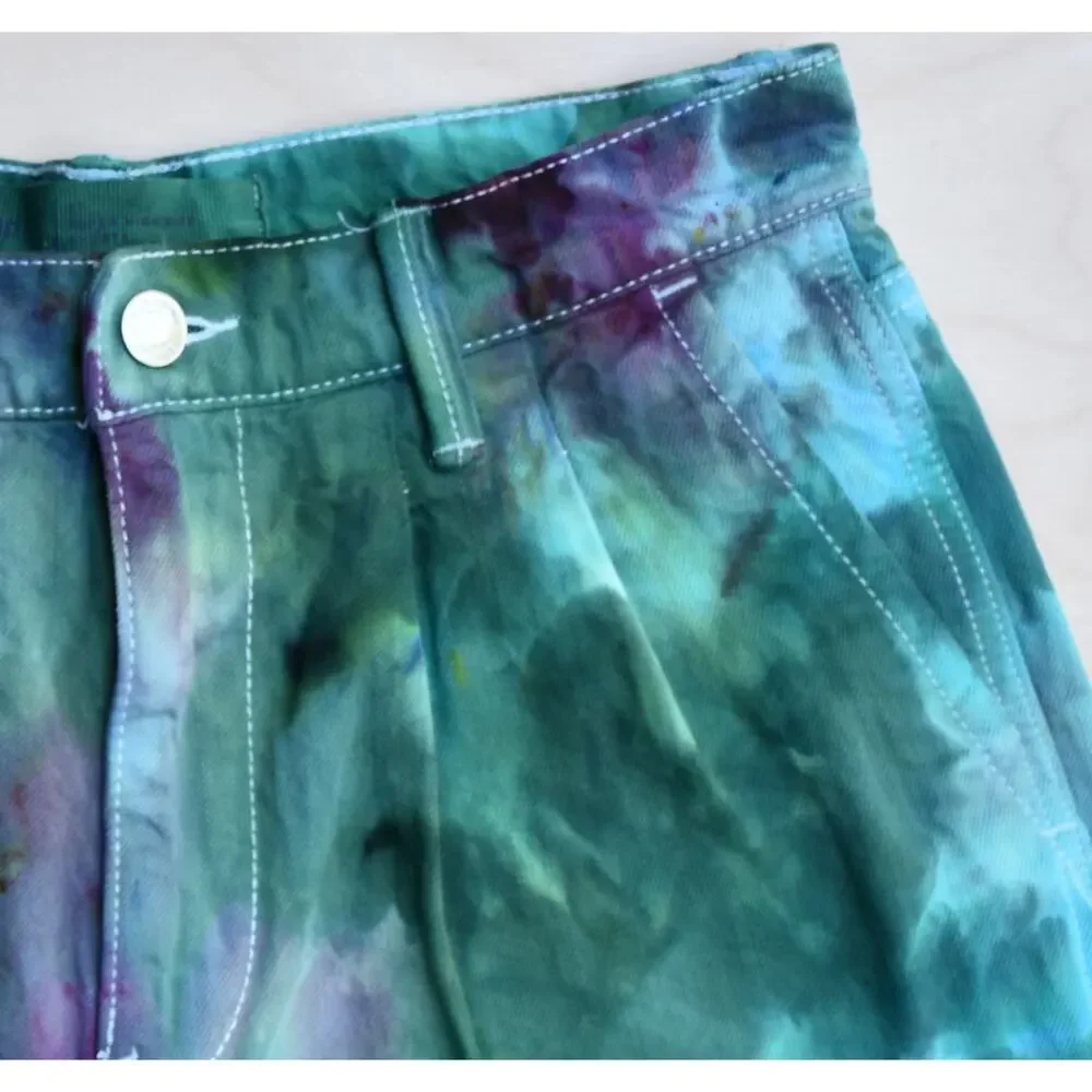 Ice Dyed Denim Shorts - High-rise Pleated - Upcycled - Jade Purple (Women's 27)